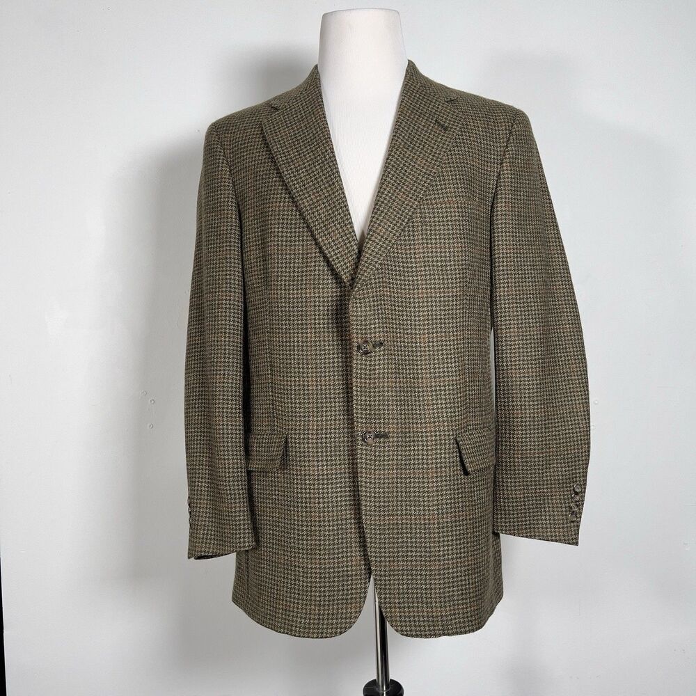 Tommy Hilfiger Houndstooth Tweed Blazer Jacket Mens Sz 42L Olive 2 Button Vtg - Picture 3 of 16